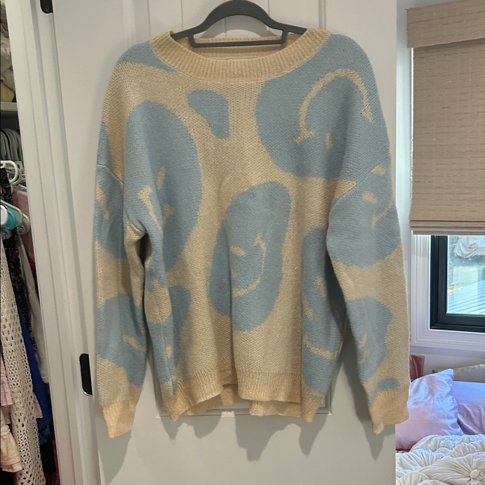 Altar'd State Cream and Blue Smiley Sweater